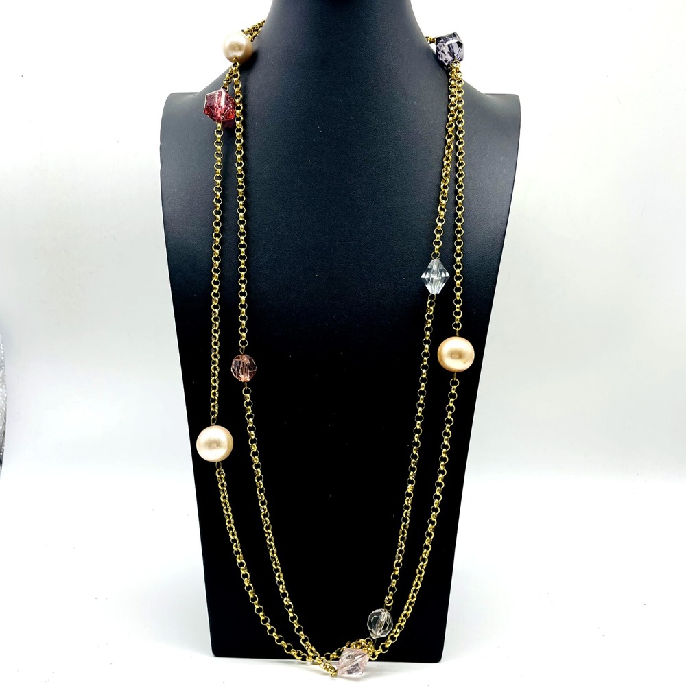 Vintage Station Necklace Long Gold Tone Multicolor Beads Power Pearls Layering